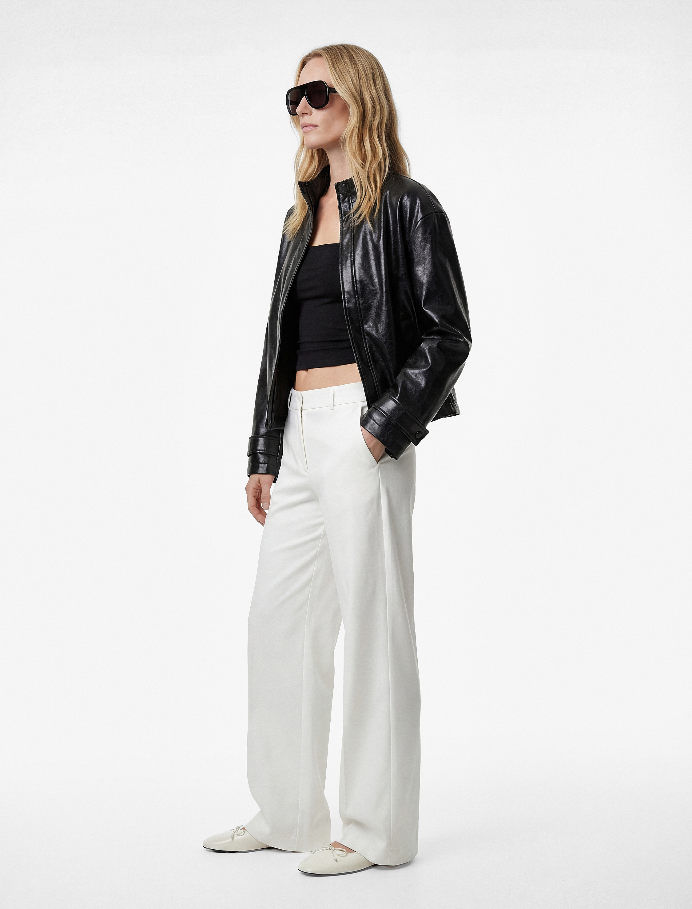   Uzun Kollu Fermuarlı Cepli Dik Yaka Suni Deri Crop Ceket