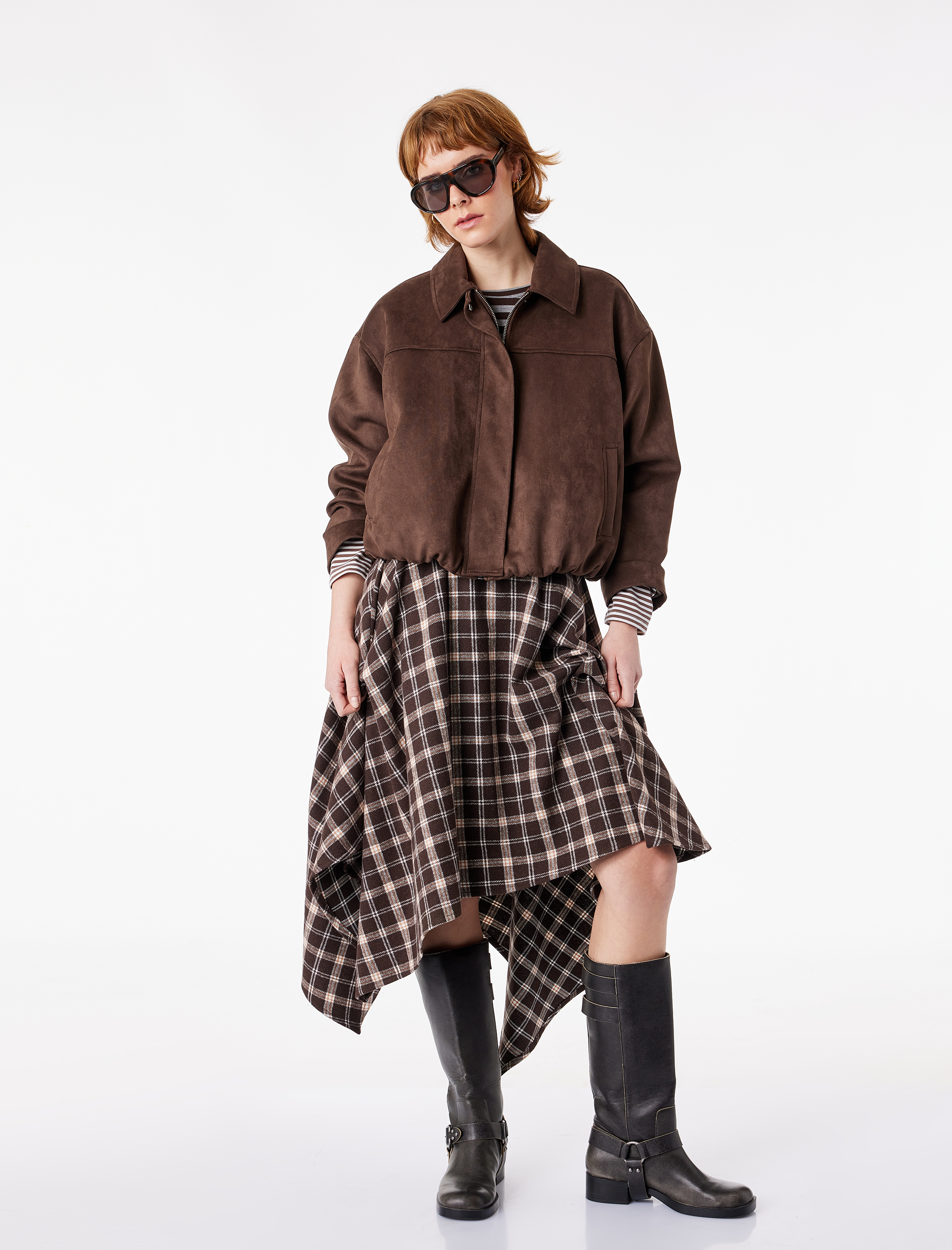   Asimetrik Kesim Ekoseli Midi Etek