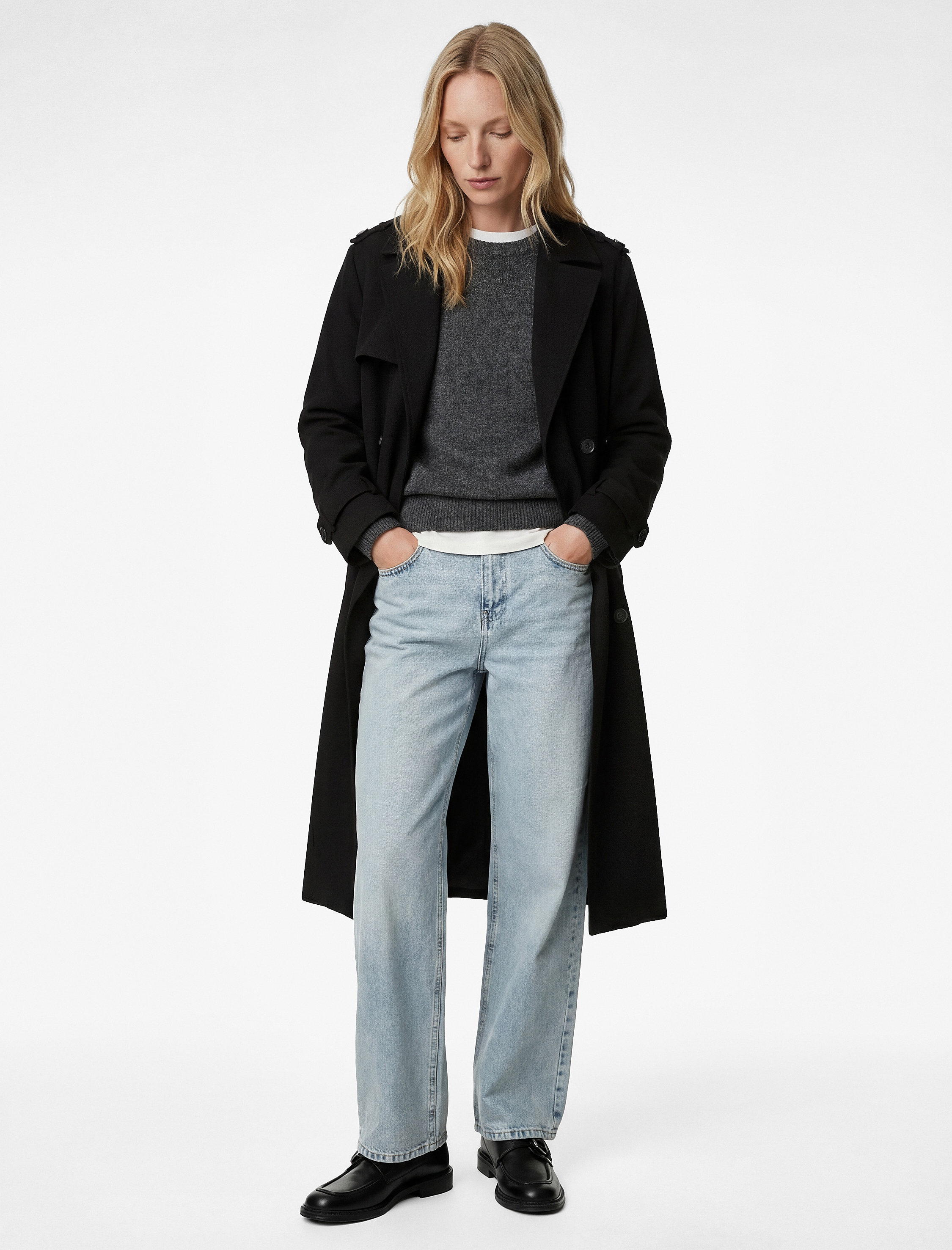   Uzun Kollu Düğmeli Cepli Kemerli Kruvaze Gabardin Trençkot