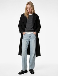 Uzun Kollu Düğmeli Cepli Kemerli Kruvaze Gabardin Trençkot