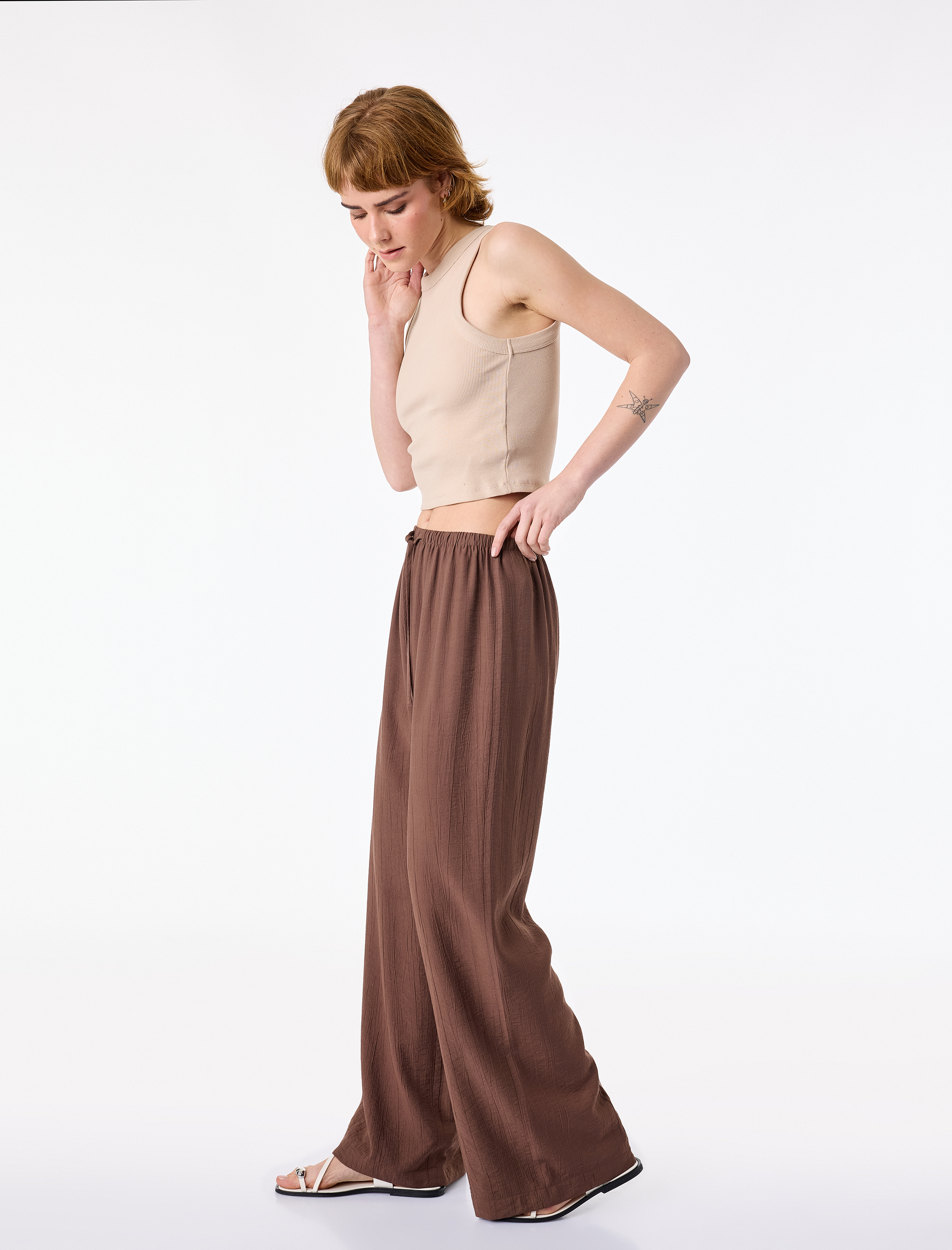   Viskon Crinkle Kumaş Rahat Kalıp Beli Bağcıklı Pantolon