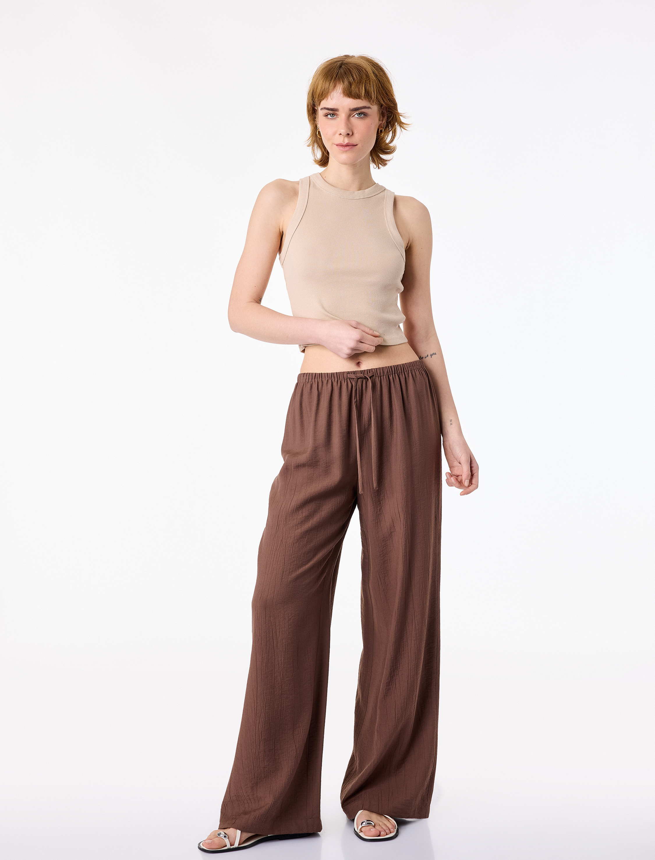   Viskon Crinkle Kumaş Rahat Kalıp Beli Bağcıklı Pantolon