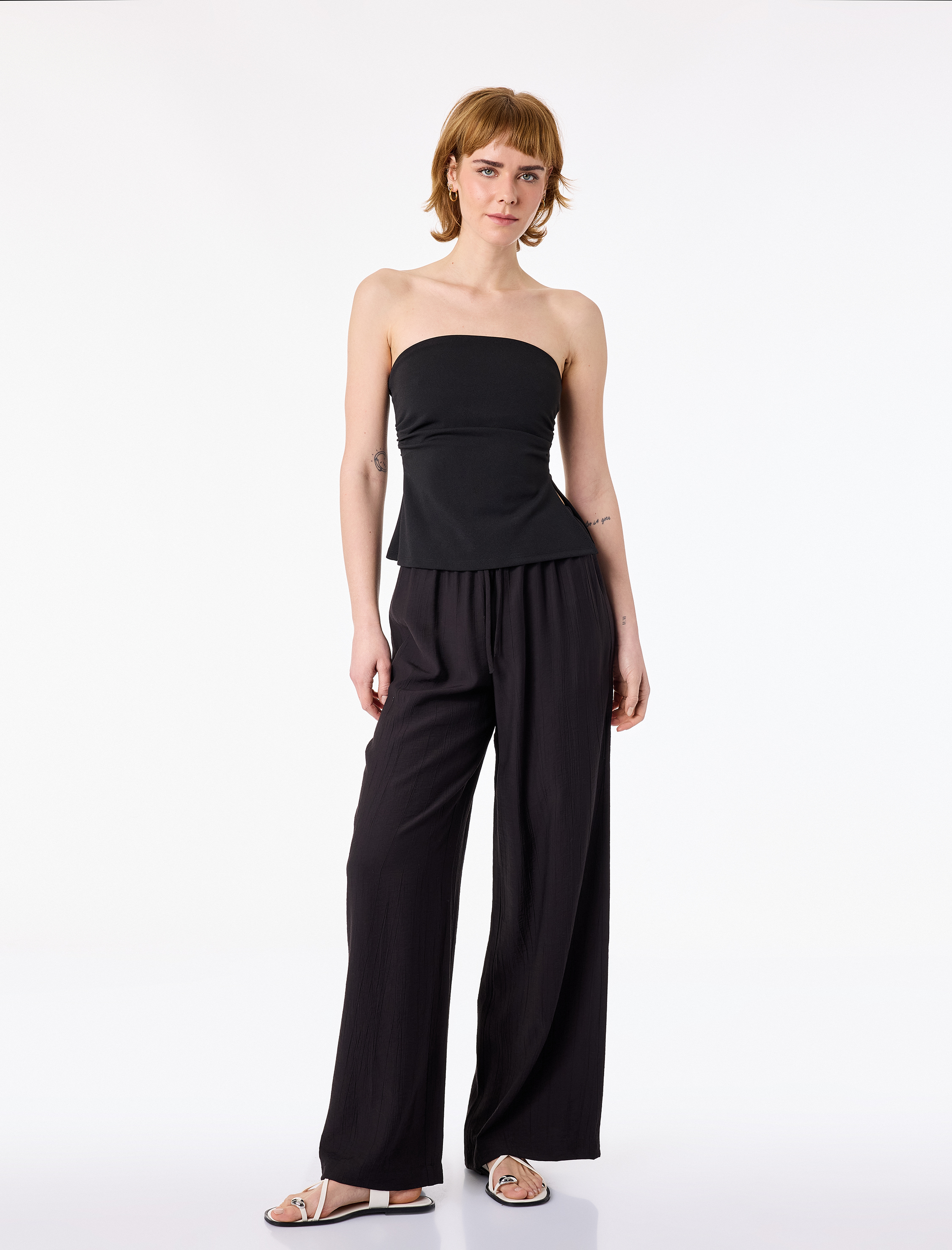   Viskon Crinkle Kumaş Rahat Kalıp Beli Bağcıklı Pantolon