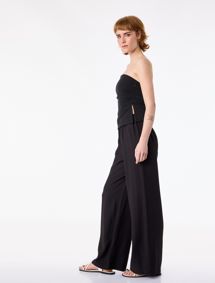  Viskon Crinkle Kumaş Rahat Kalıp Beli Bağcıklı Pantolon