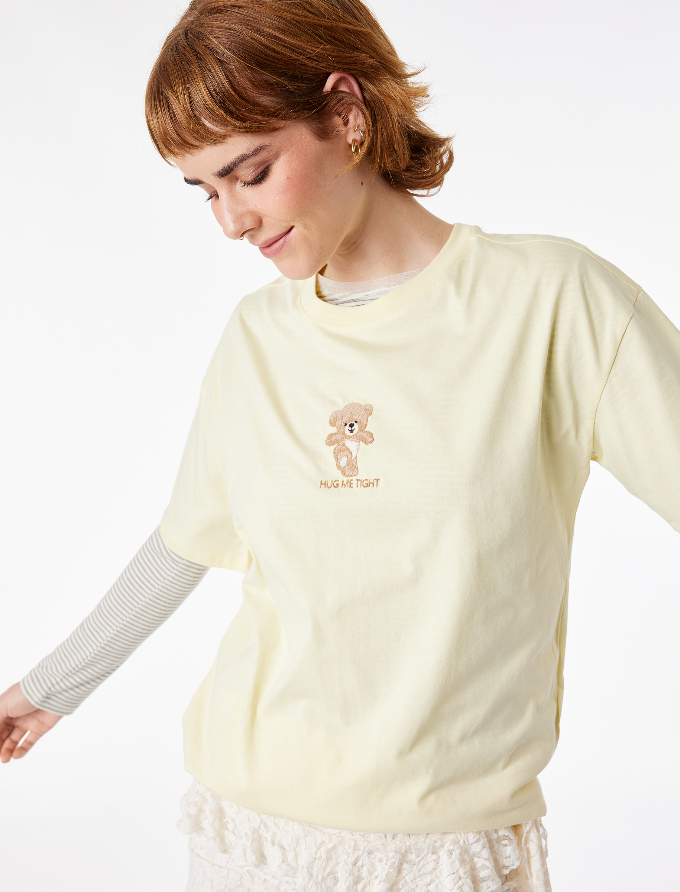   Rahat Kalıp Kısa Kollu Baskılı Bisiklet Yaka Pamuklu Ayıcıklı Tişört