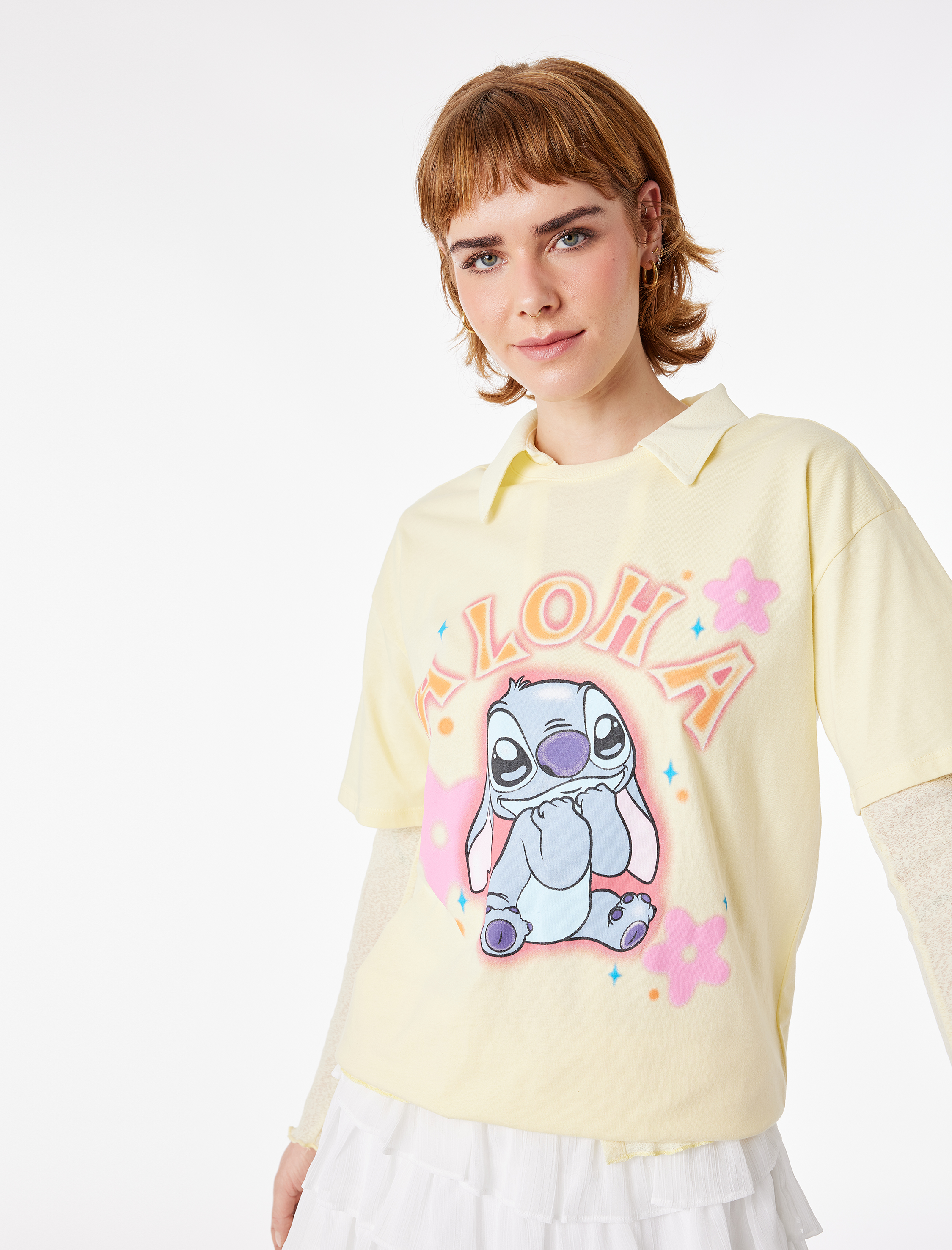   Stitch Lisanslı Kısa Kollu Bisiklet Yaka Baskılı Tişört