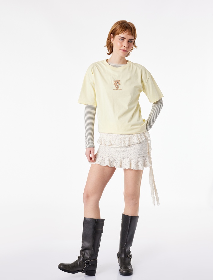  Rahat Kalıp Kısa Kollu Baskılı Bisiklet Yaka Pamuklu Ayıcıklı Tişört