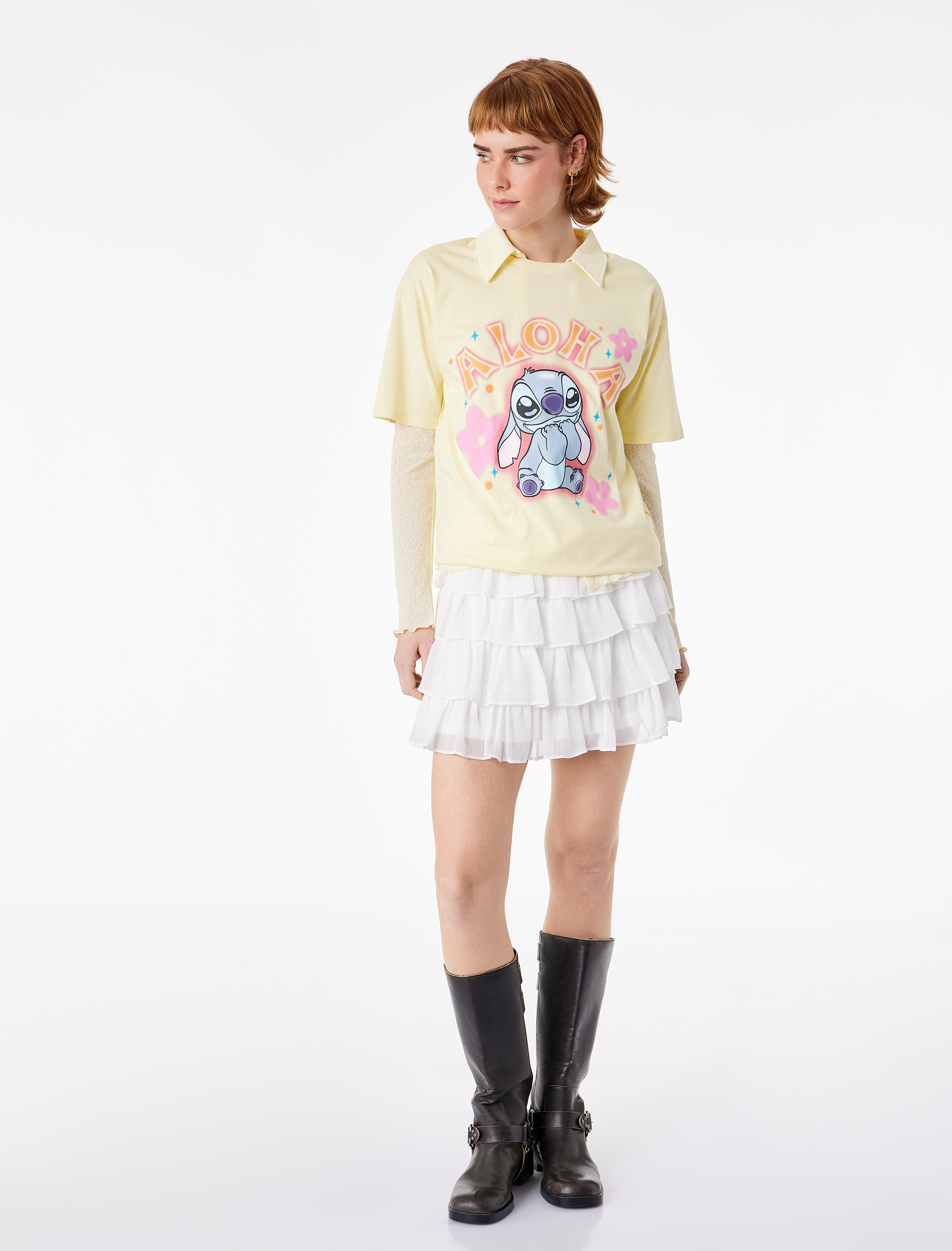   Stitch Lisanslı Kısa Kollu Bisiklet Yaka Baskılı Tişört