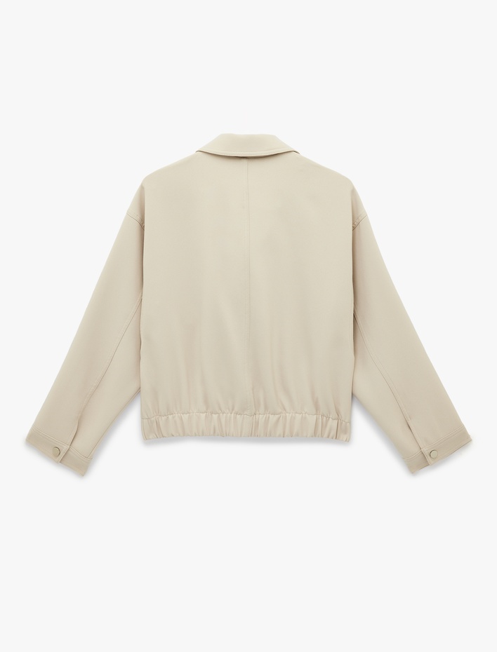  Uzun Kollu Cepli Fermuarlı Gabardin Crop Bomber Ceket
