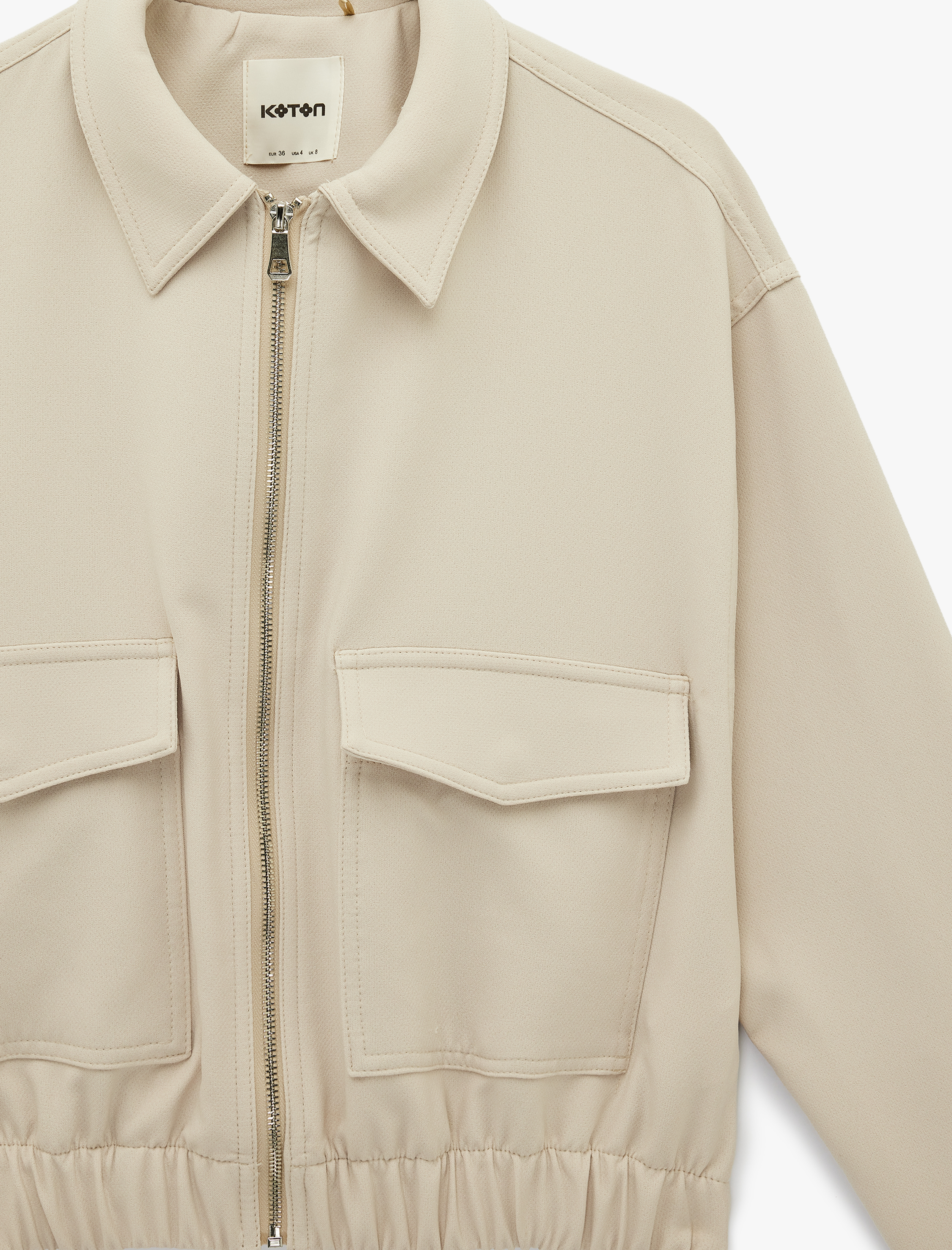   Uzun Kollu Cepli Fermuarlı Gabardin Crop Bomber Ceket