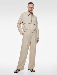 Uzun Kollu Cepli Fermuarlı Gabardin Crop Bomber Ceket