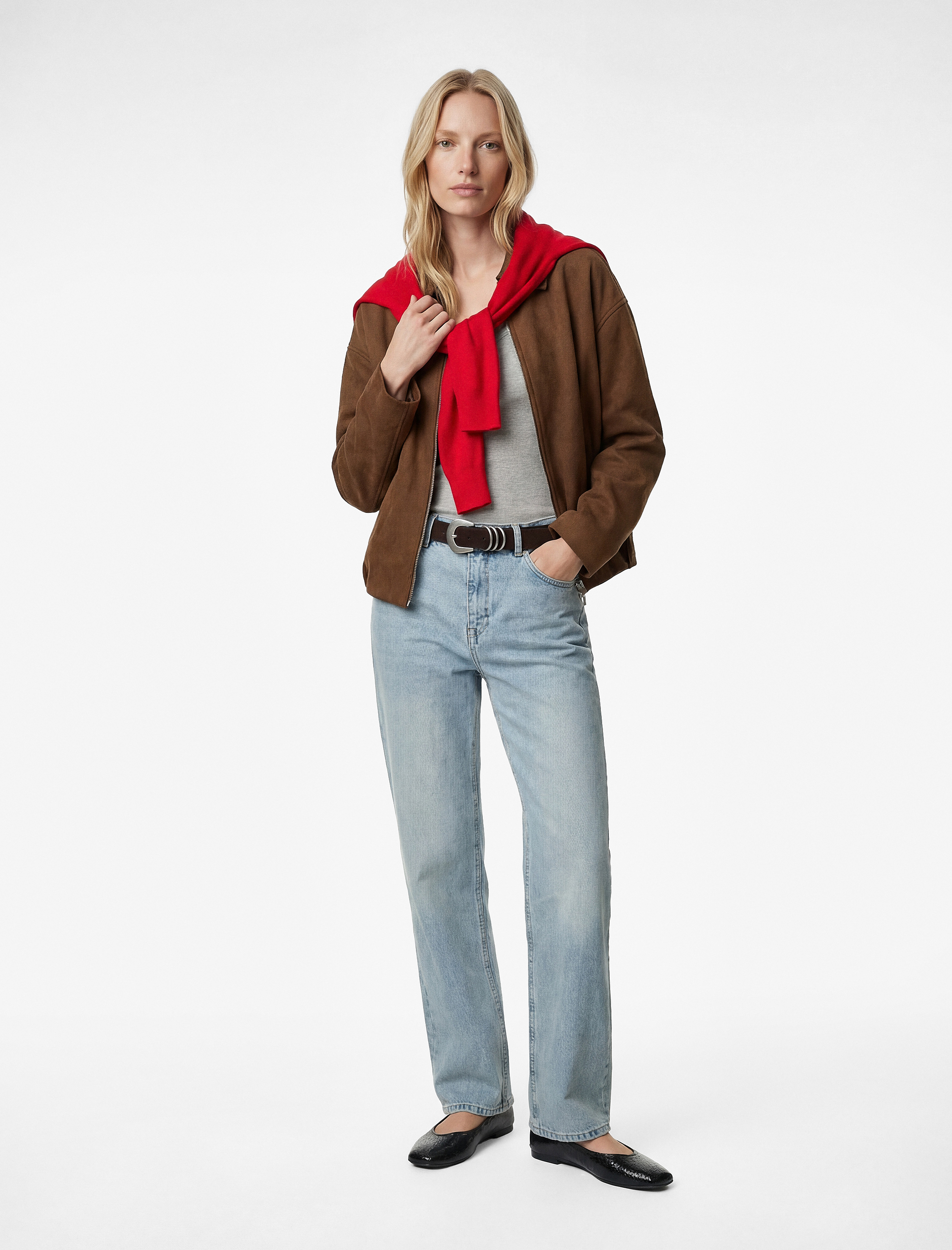   Uzun Kollu Cepli Fermuarlı Suni Süet Oversize Bomber Ceket