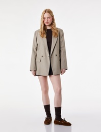 Uzun Kollu Viskon Karışımlı Düğmeli Cepli Kruvaze Yaka Blazer Ceket