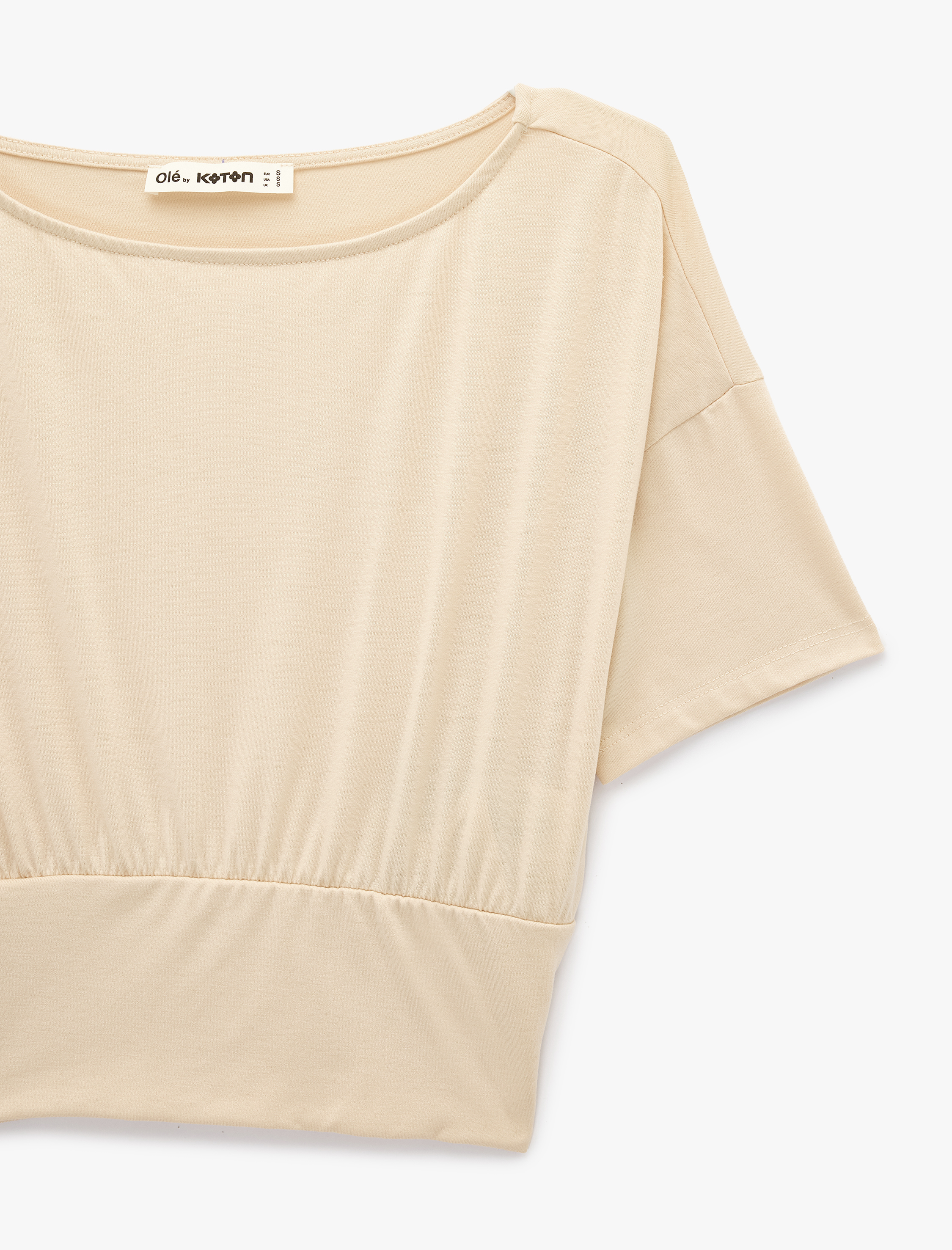   Kısa Kollu Viskon Karışımlı Kayık Yaka Crop Tişört