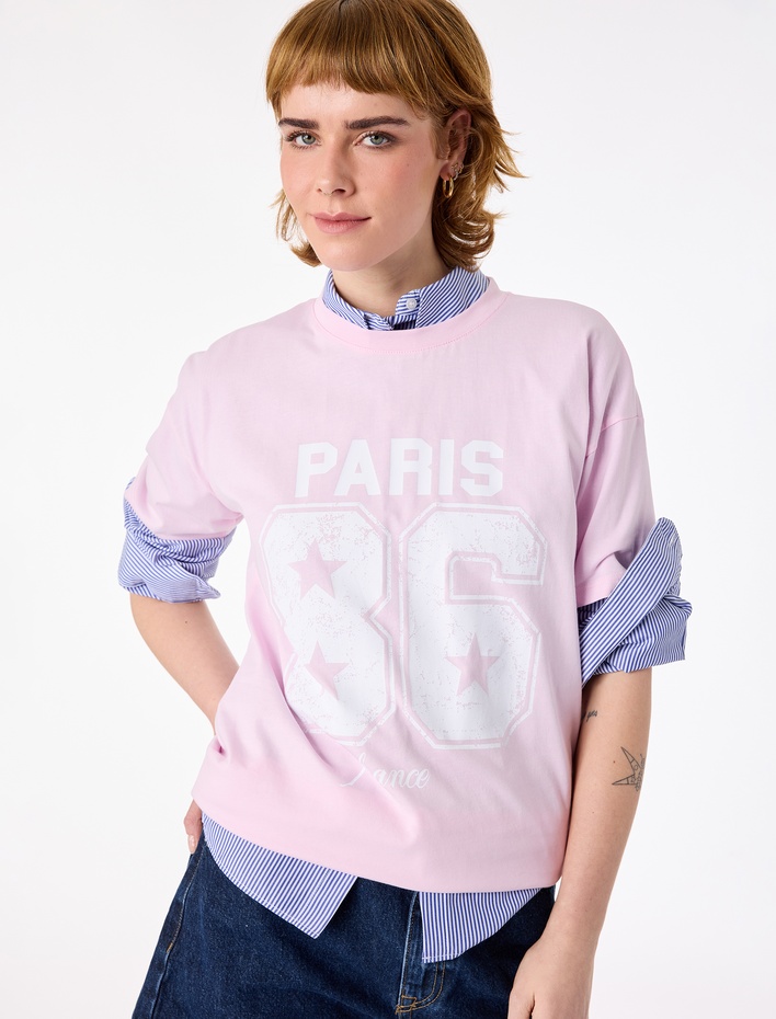  Rahat Kalıp Kısa Kollu Bisiklet Yaka Baskılı Tişört