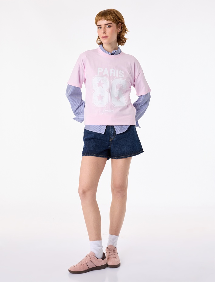  Rahat Kalıp Kısa Kollu Bisiklet Yaka Baskılı Tişört