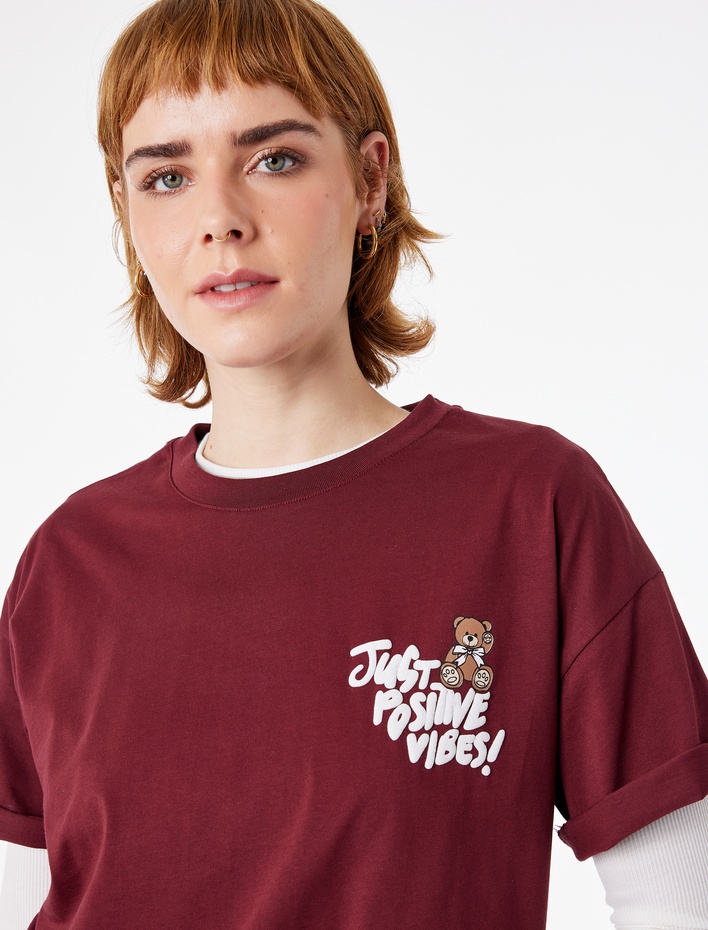  Rahat Kalıp Kısa Kollu Bisiklet Yaka Baskılı Pamuklu Ayıcıklı Tişört