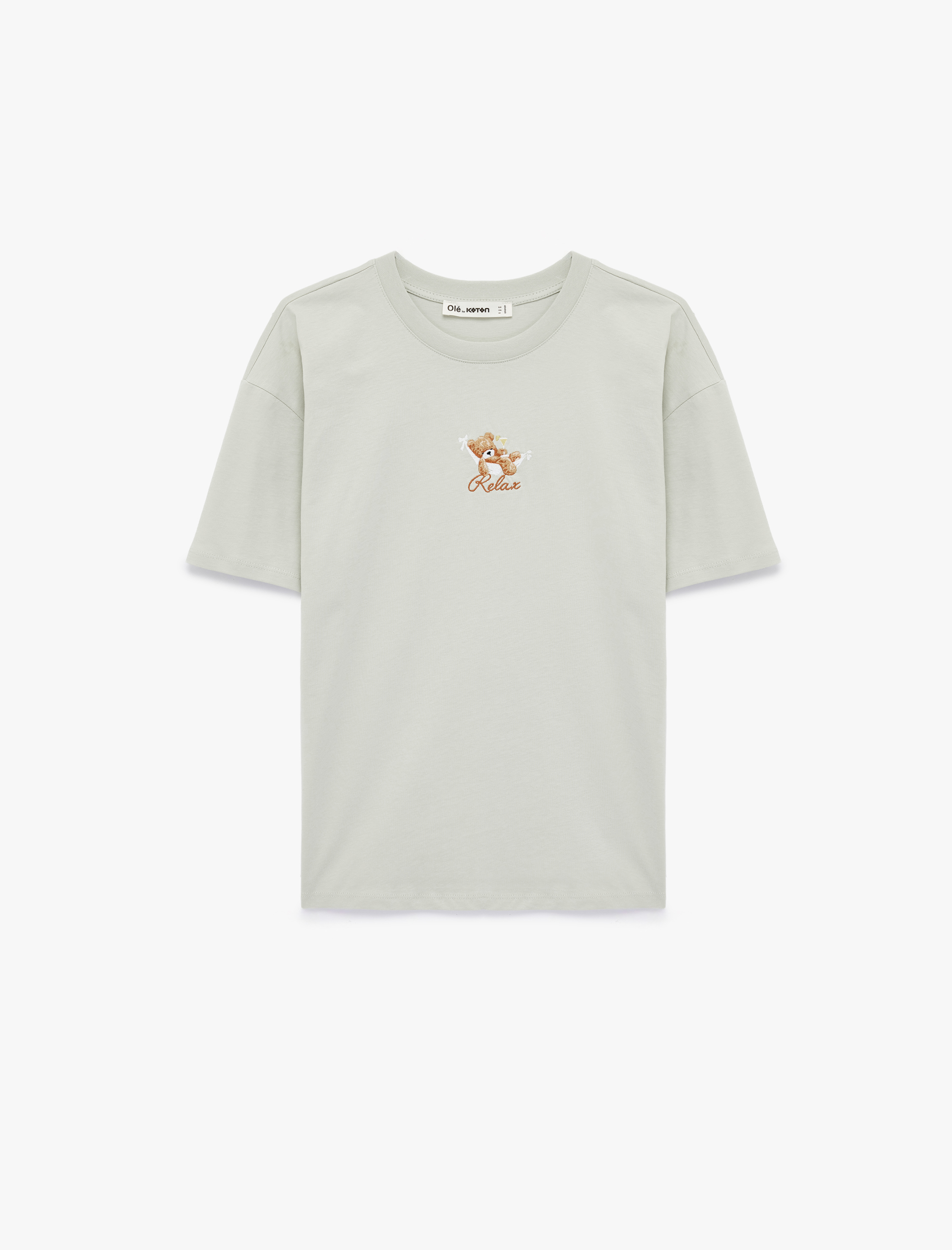   Rahat Kalıp Kısa Kollu Baskılı Pamuklu Bisiklet Yaka Ayıcıklı Tişört