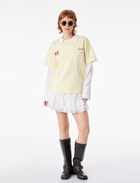 Kısa Kollu Bisiklet Yaka Fiyonklu Arkası Baskılı Oversize Tişört