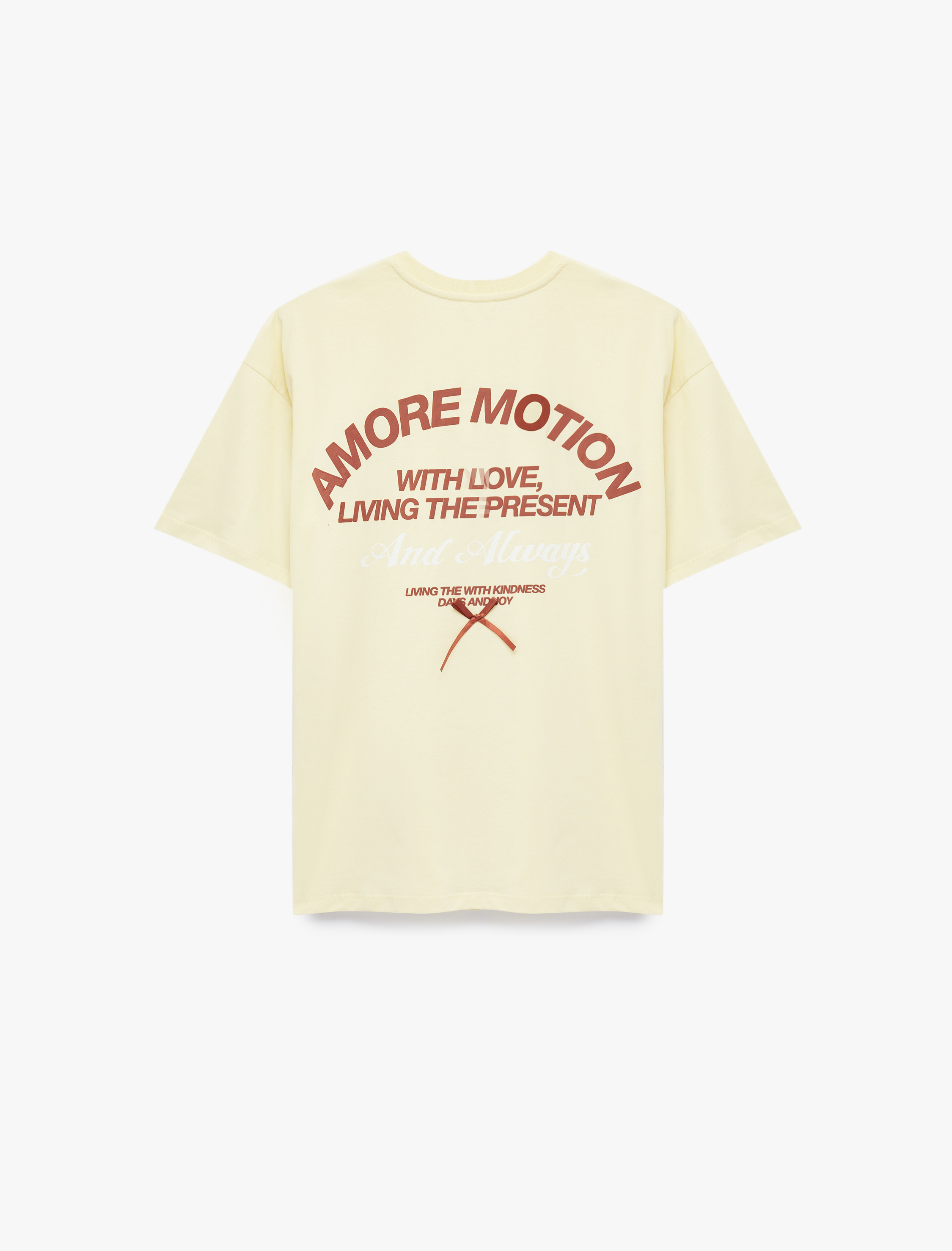   Kısa Kollu Bisiklet Yaka Fiyonklu Arkası Baskılı Oversize Tişört