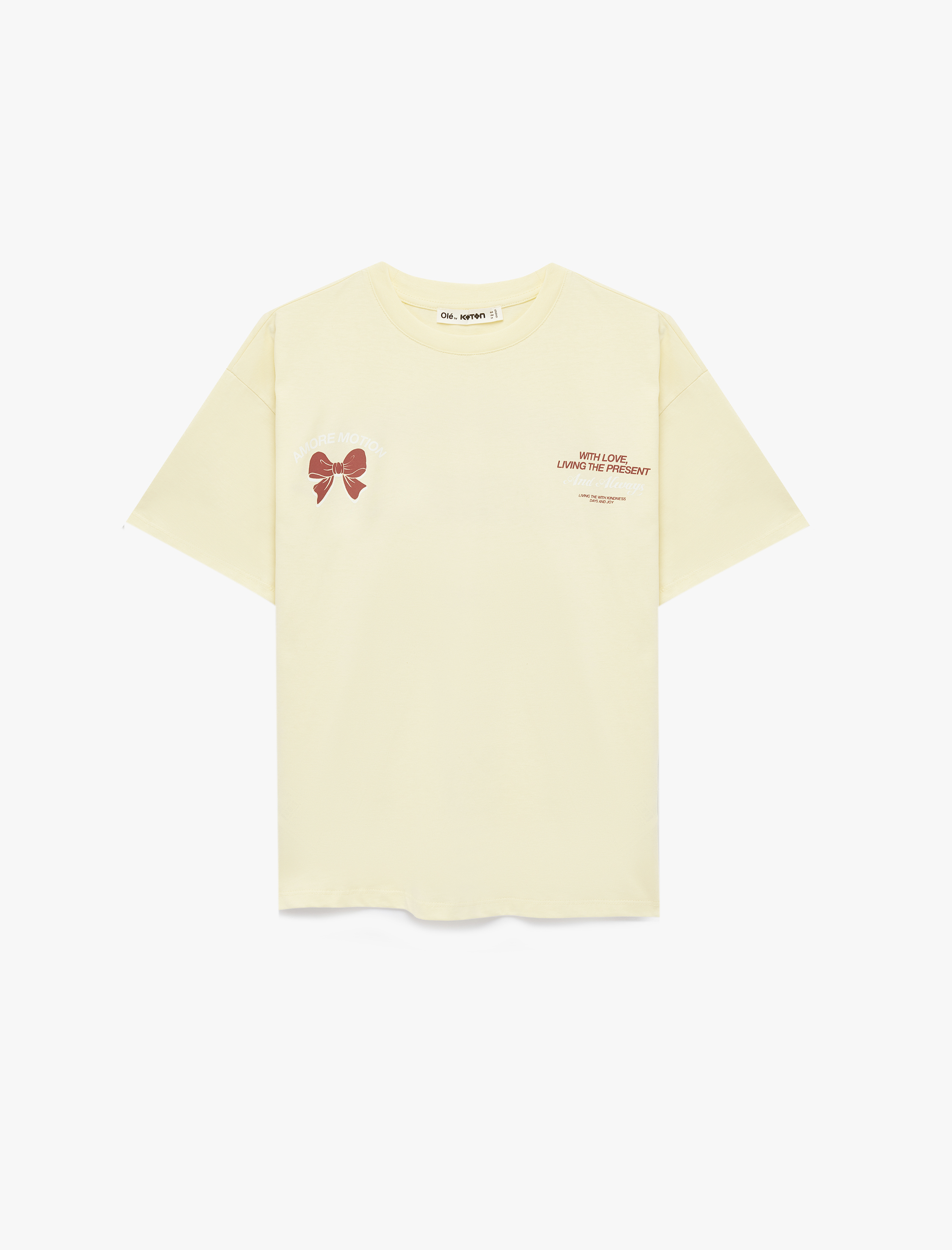   Kısa Kollu Bisiklet Yaka Fiyonklu Arkası Baskılı Oversize Tişört