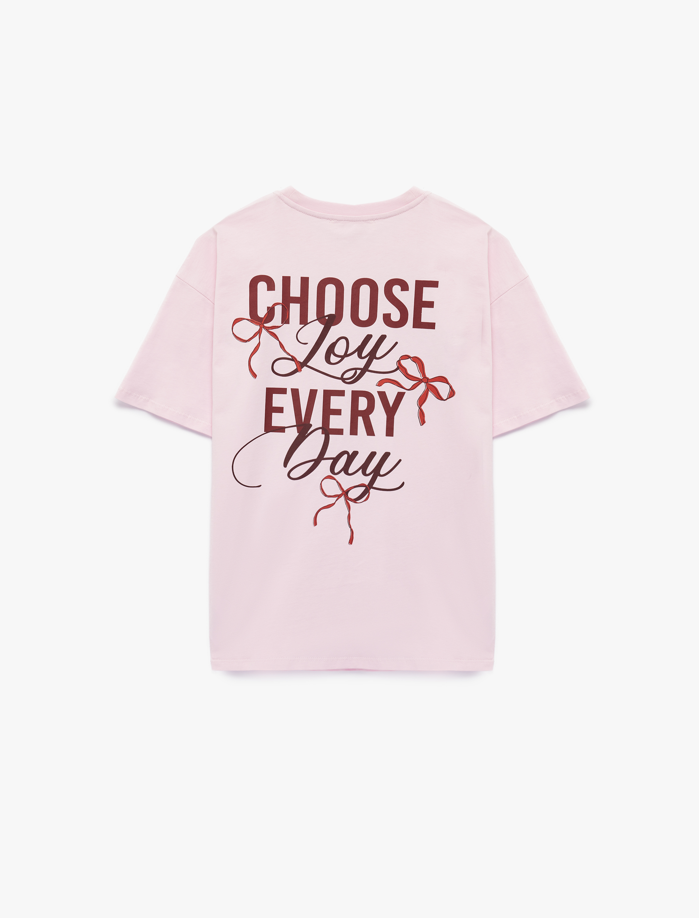   Kısa Kollu Bisiklet Yaka Fiyonklu Arkası Baskılı Oversize Tişört