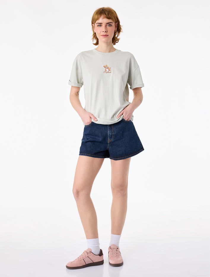  Rahat Kalıp Kısa Kollu Baskılı Pamuklu Bisiklet Yaka Ayıcıklı Tişört