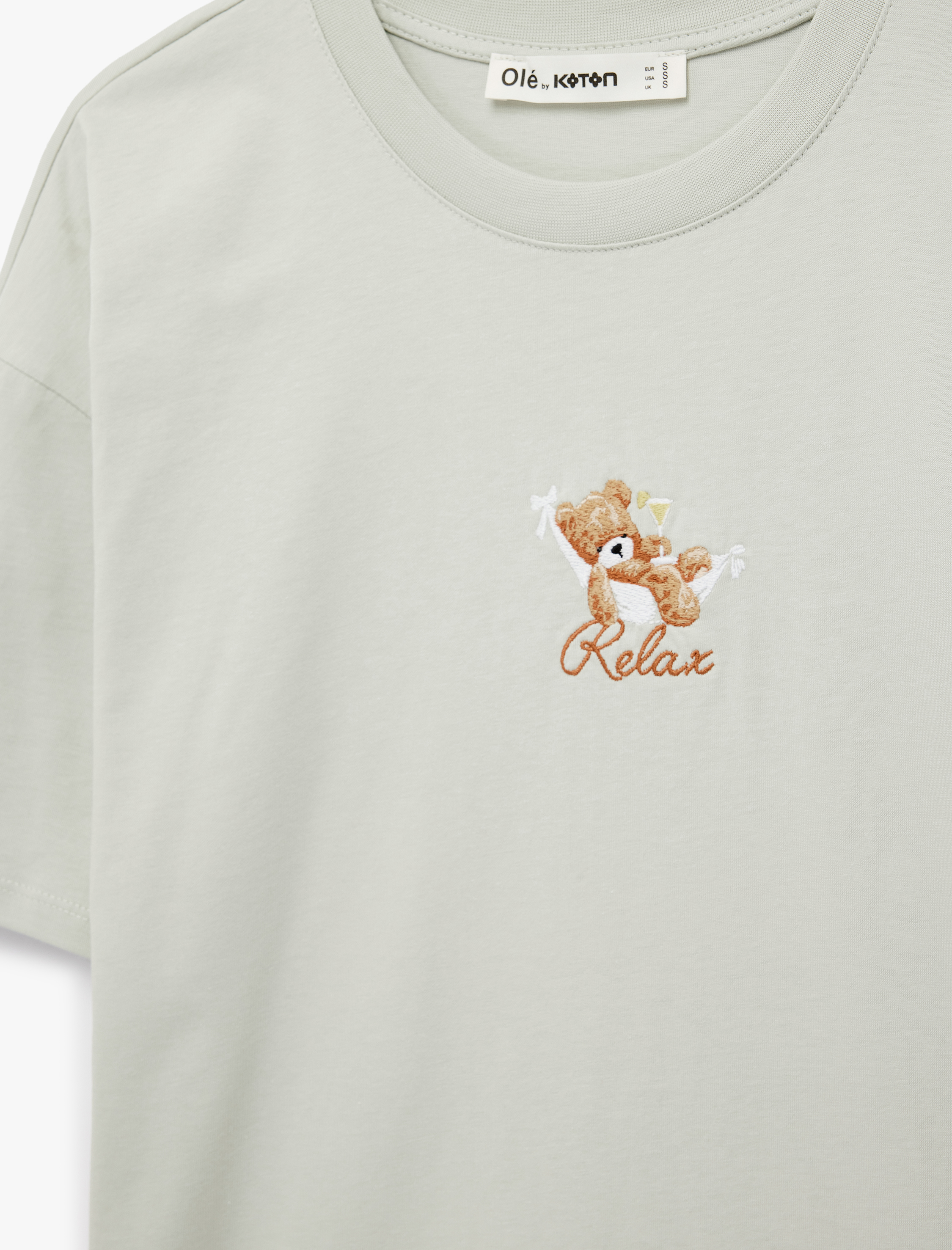   Rahat Kalıp Kısa Kollu Baskılı Pamuklu Bisiklet Yaka Ayıcıklı Tişört