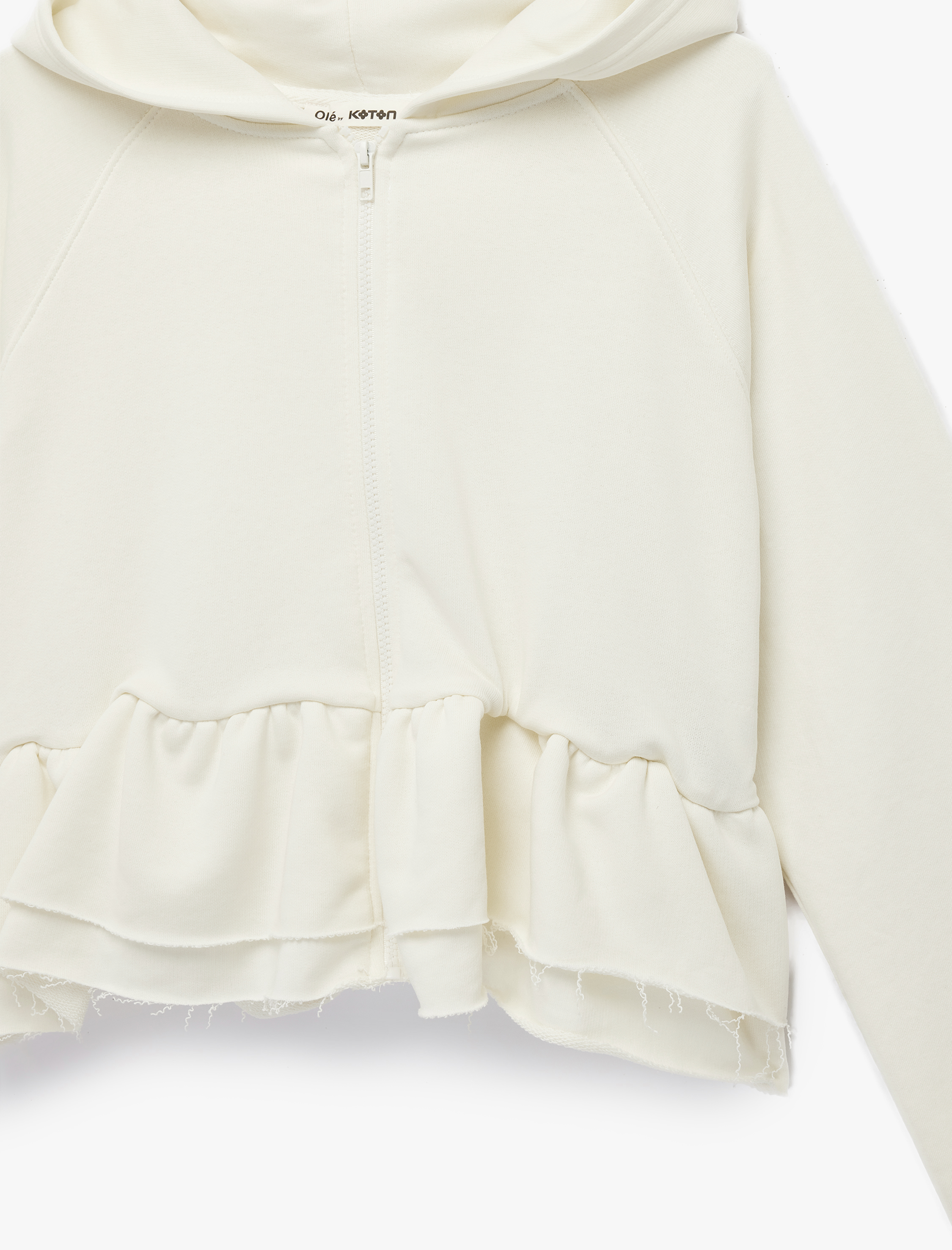   Pamuklu Uzun Kollu Kapüşonlu Volanlı Fermuarlı Sweatshirt