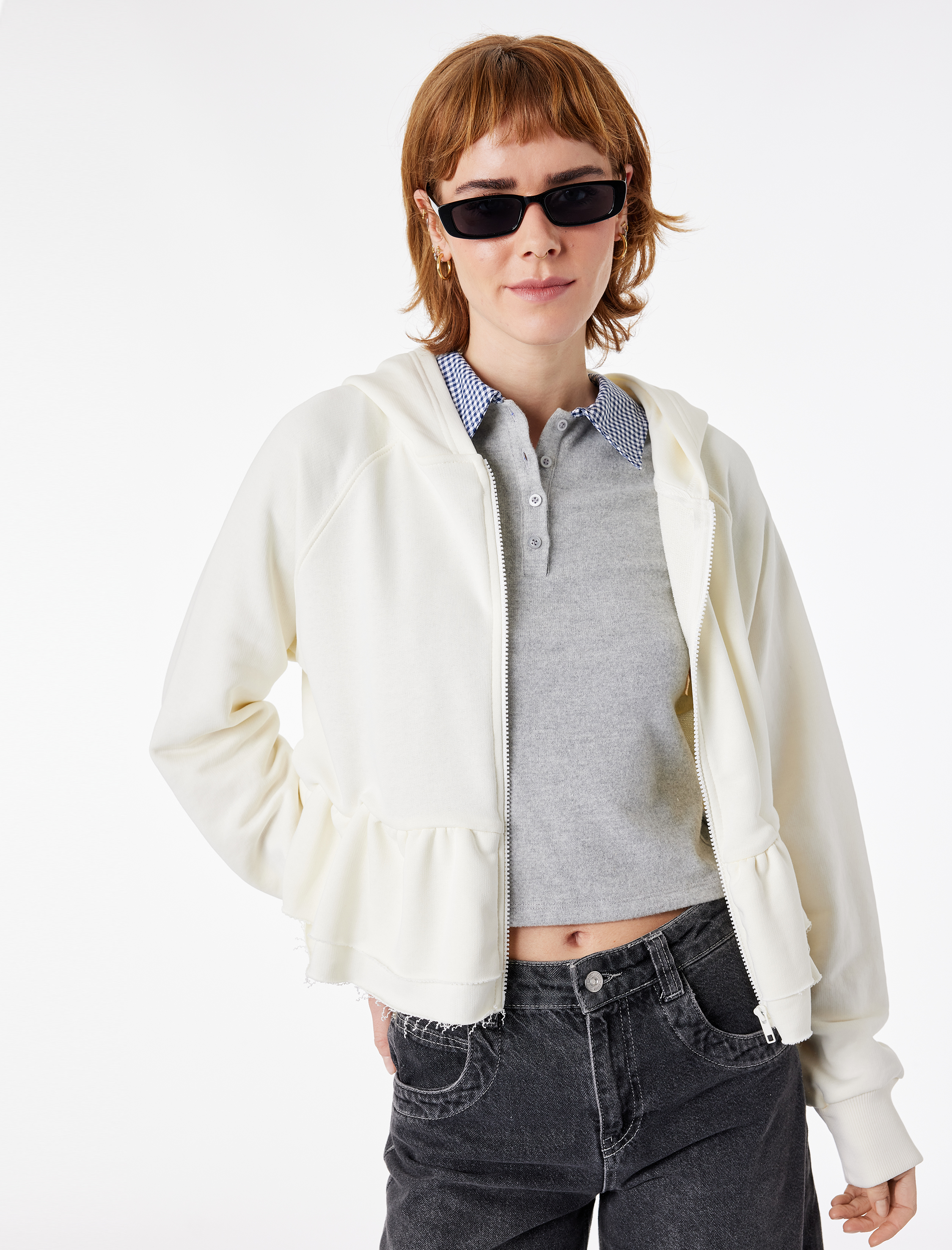   Pamuklu Uzun Kollu Kapüşonlu Volanlı Fermuarlı Sweatshirt