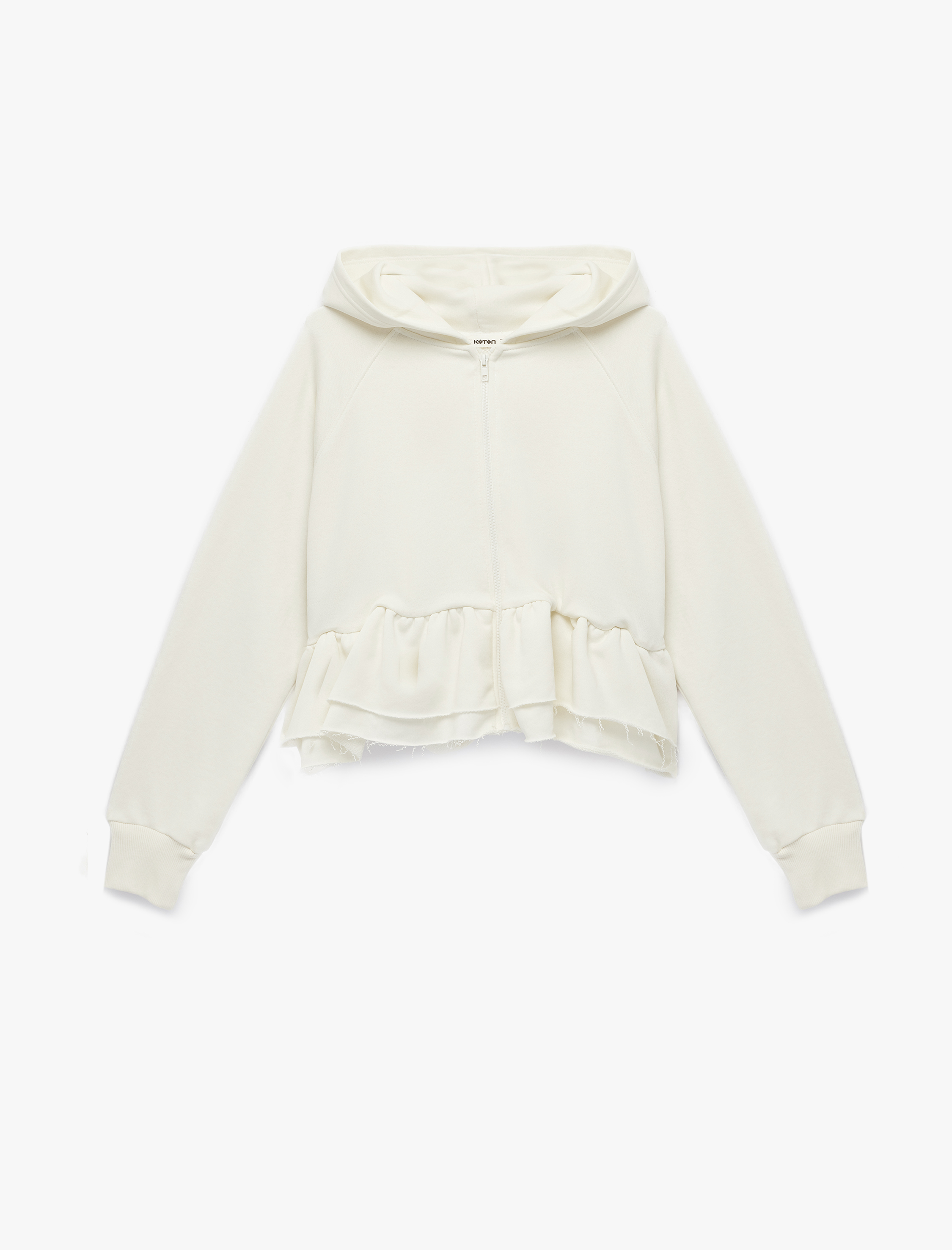   Pamuklu Uzun Kollu Kapüşonlu Volanlı Fermuarlı Sweatshirt