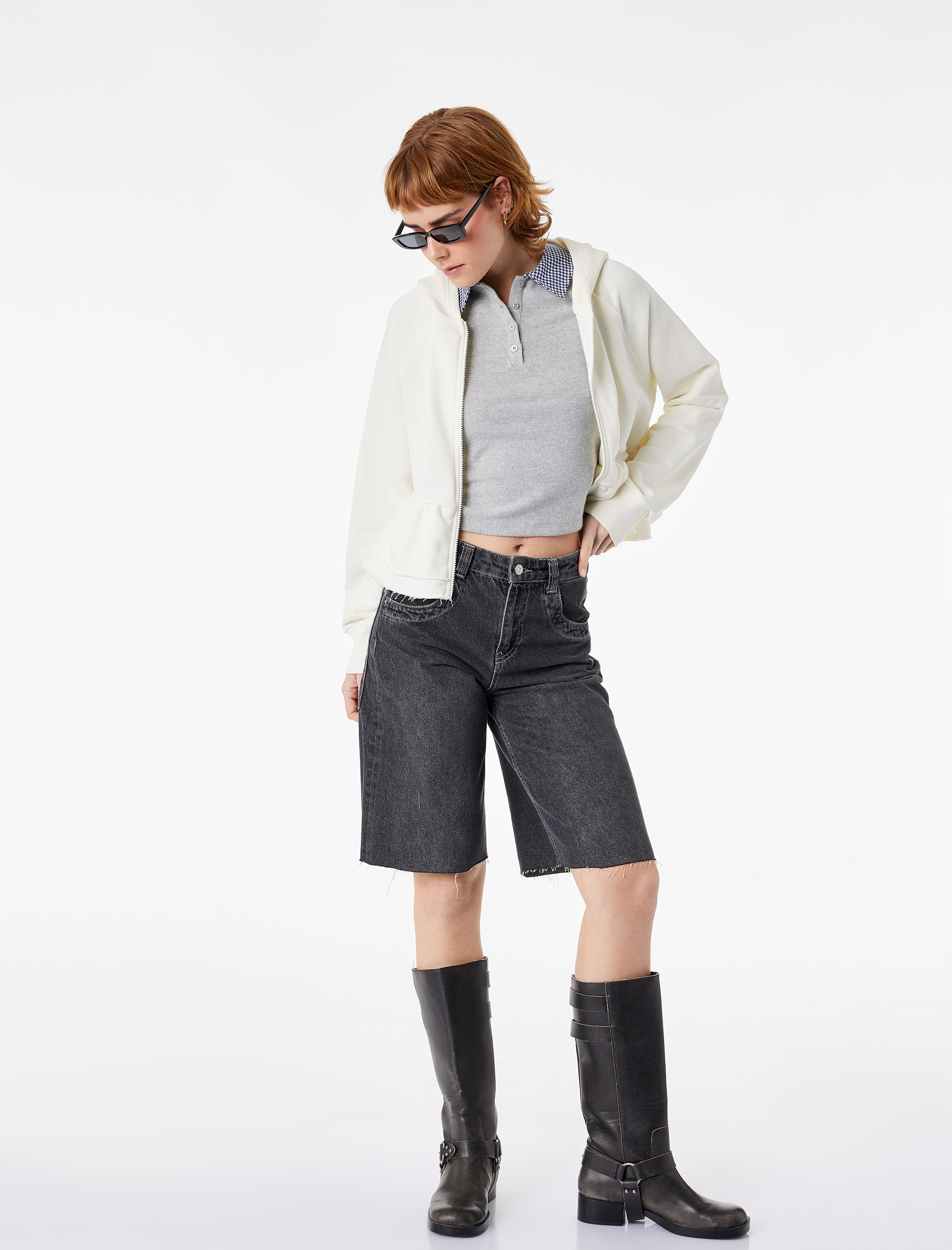   Pamuklu Uzun Kollu Kapüşonlu Volanlı Fermuarlı Sweatshirt