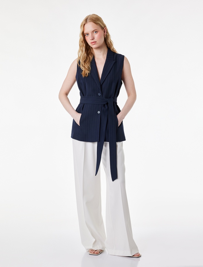  Geniş Yaka Düğmeli Kemer Detaylı Kolsuz Uzun Yelek