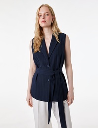 Geniş Yaka Düğmeli Kemer Detaylı Kolsuz Uzun Yelek