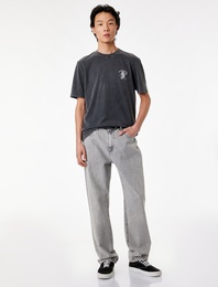 Regular Fit Kısa Kollu Bisiklet Yaka Yıkamalı Pamuklu Arkası Baskılı Tişört