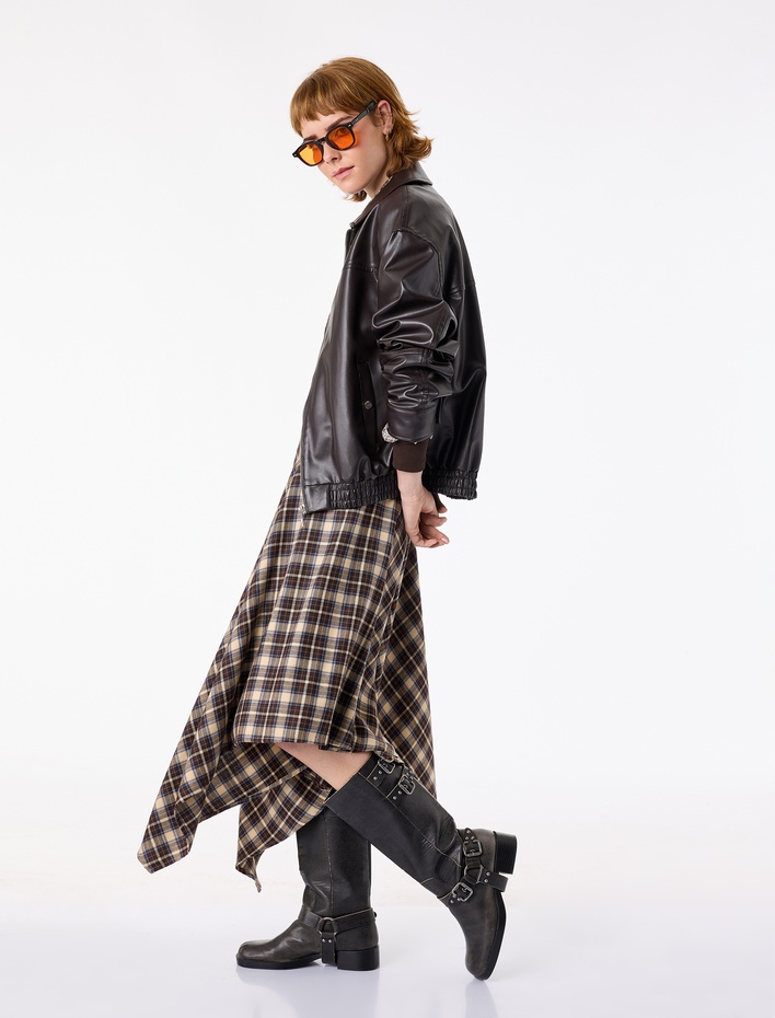  Normal Bel Asimetrik Kesim Ekoseli Midi Etek