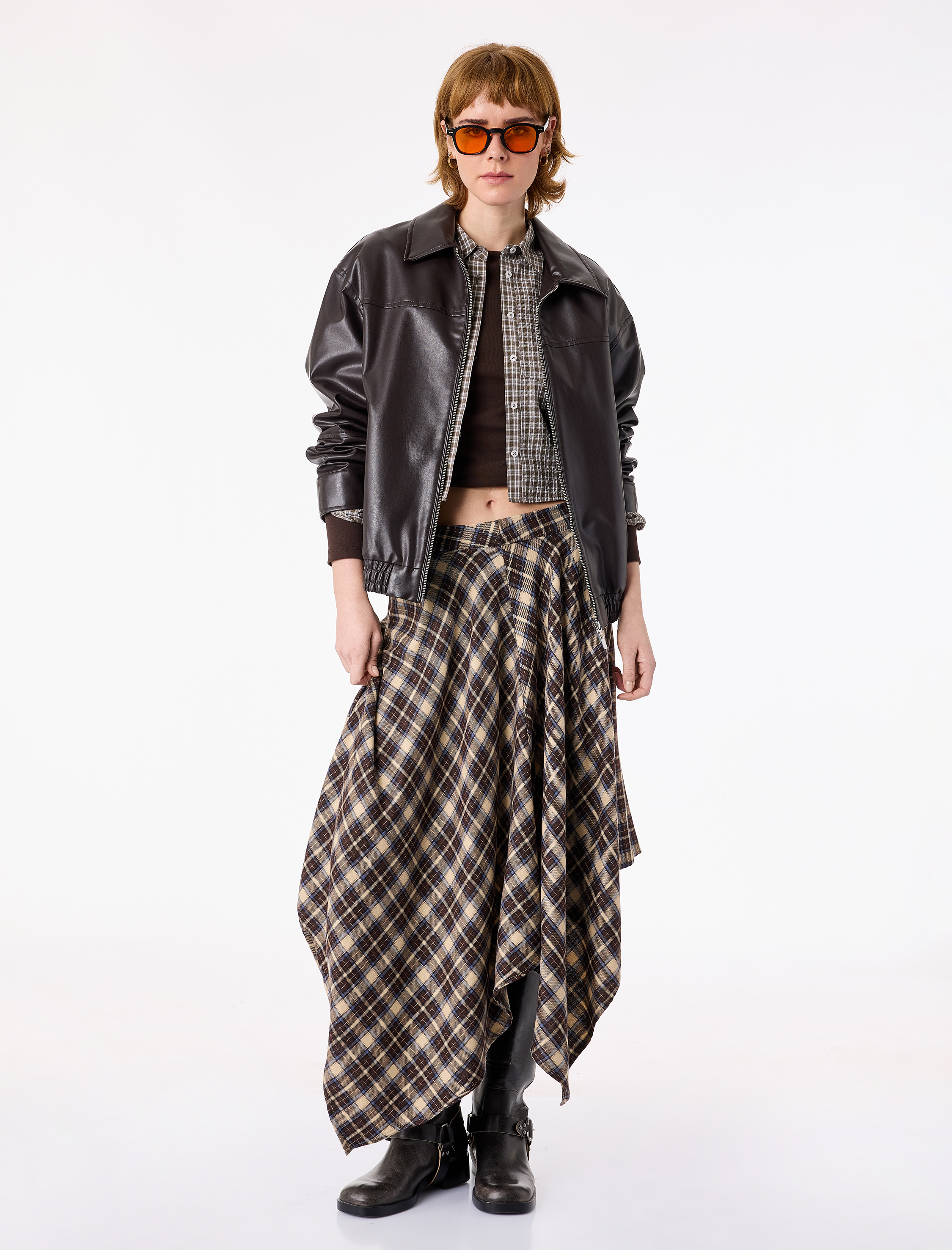   Normal Bel Asimetrik Kesim Ekoseli Midi Etek