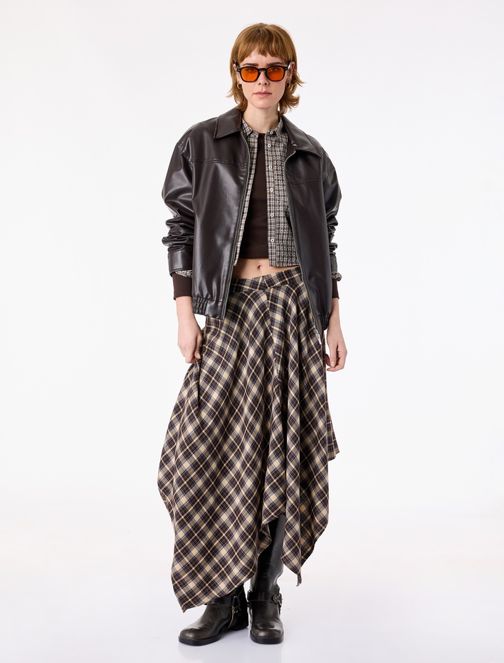  Normal Bel Asimetrik Kesim Ekoseli Midi Etek