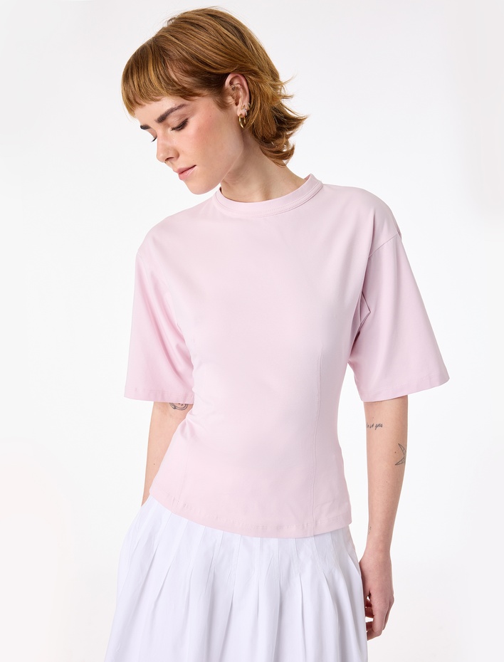  Bisiklet Yaka Slim Fit Korse Detaylı İnterlok Kısa Kollu Tişört