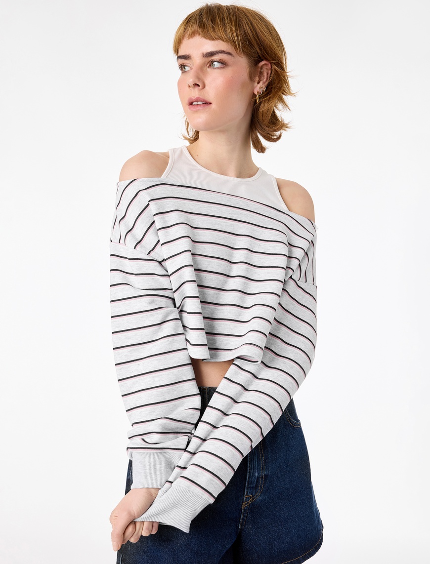Koton Kadın Uzun Kollu Bisiklet Yaka Şardonlu Atlet Katmanlı Crop Sweatshirt