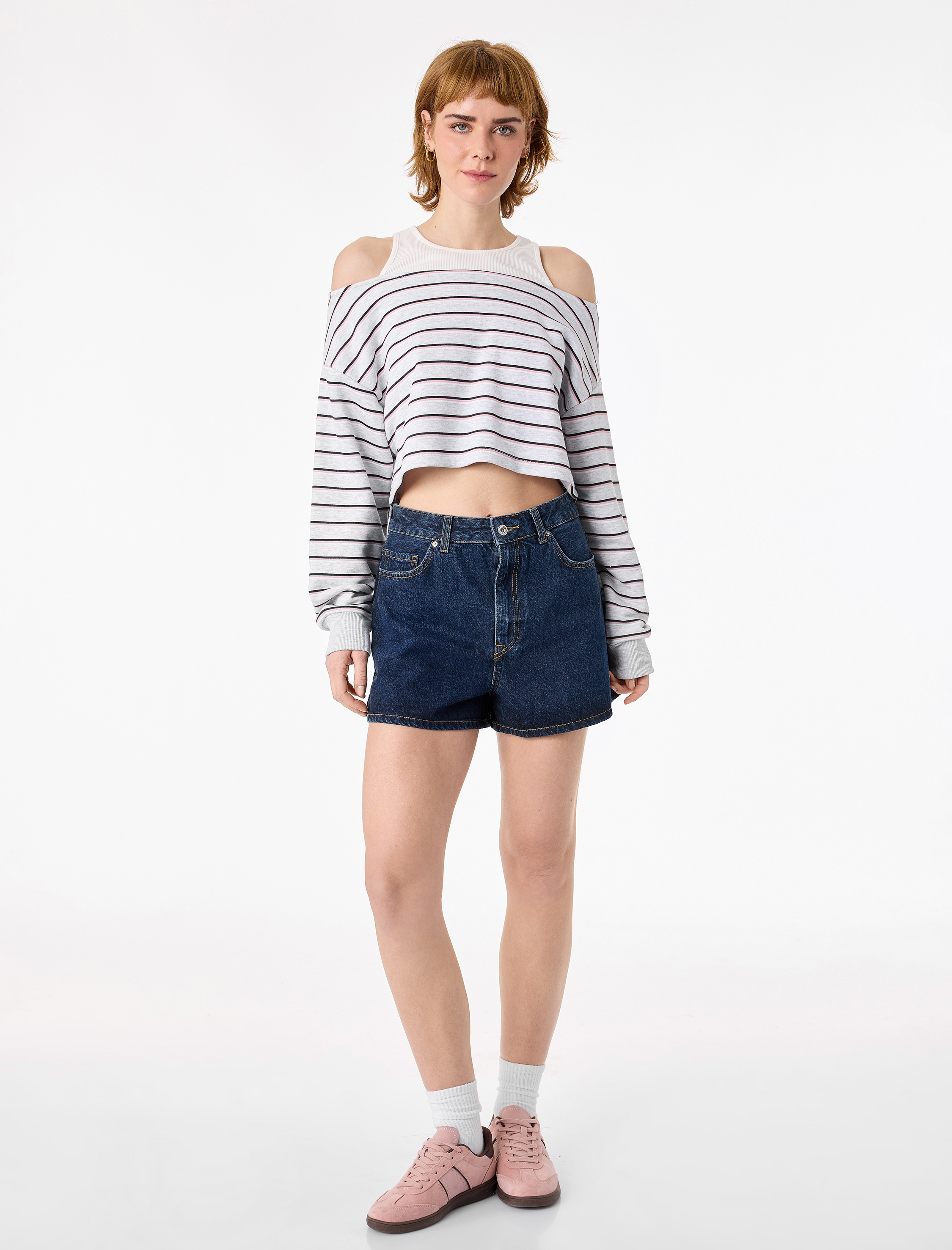   Uzun Kollu Bisiklet Yaka Şardonlu Atlet Katmanlı Crop Sweatshirt