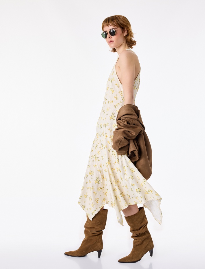  Asimetrik Kesim Halter Yaka Kolsuz Uzun Çiçekli Elbise