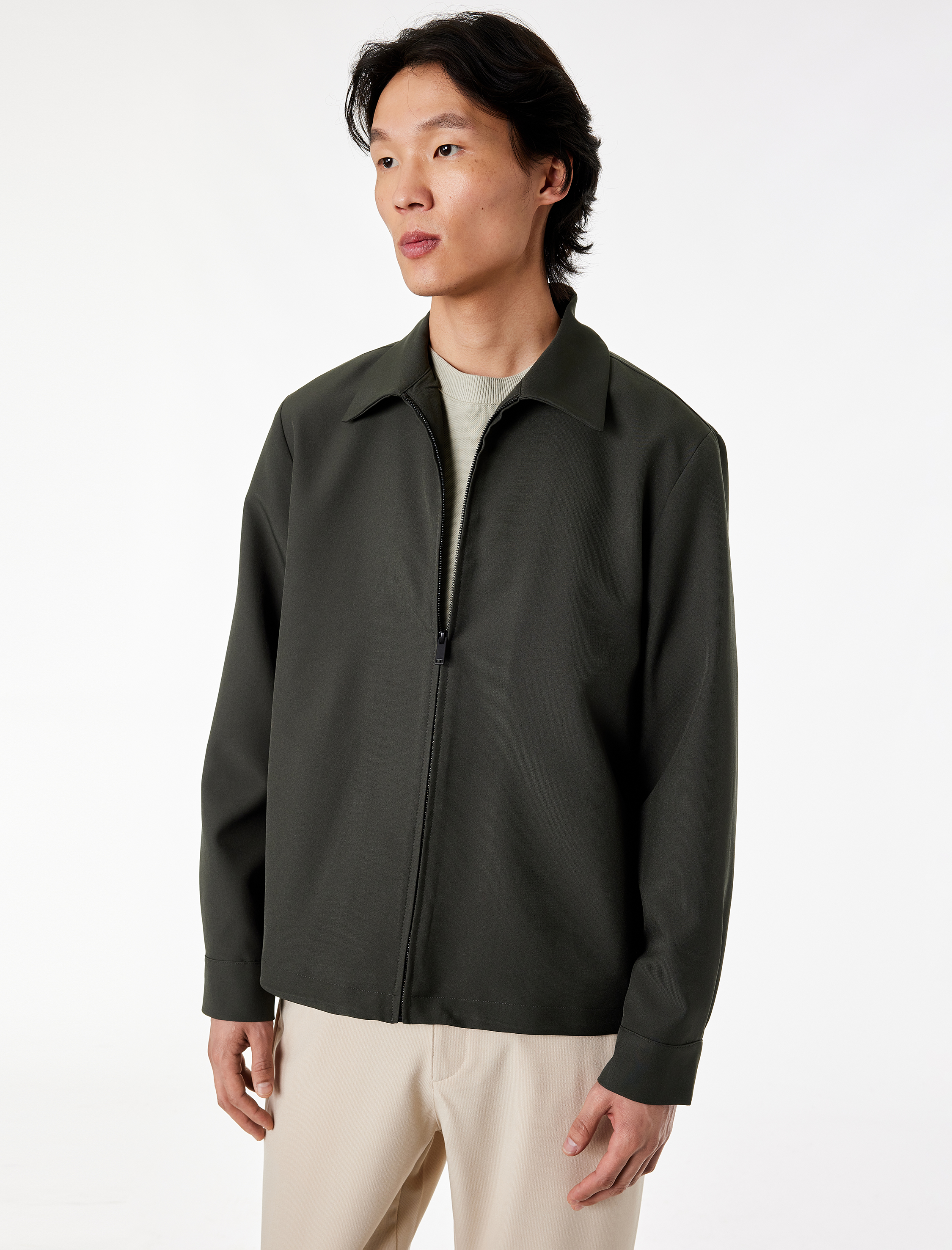   Regular Fit Uzun Kollu Cepli Gömlek Yaka Fermuarlı Spor Ceket