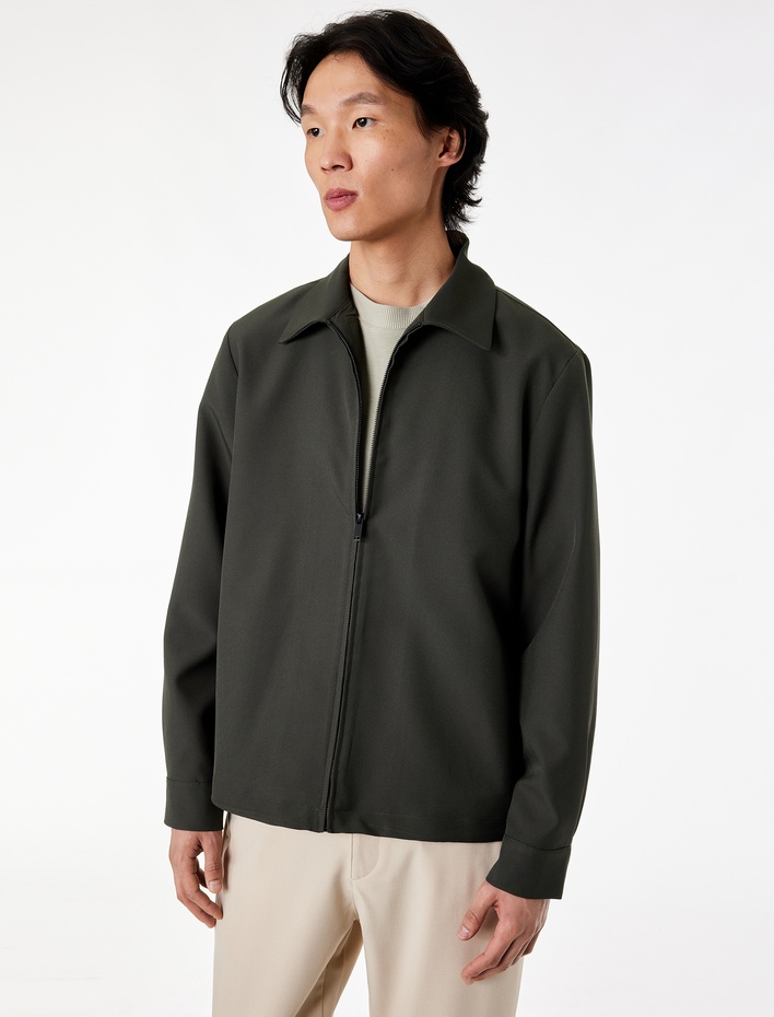  Regular Fit Uzun Kollu Cepli Gömlek Yaka Fermuarlı Spor Ceket