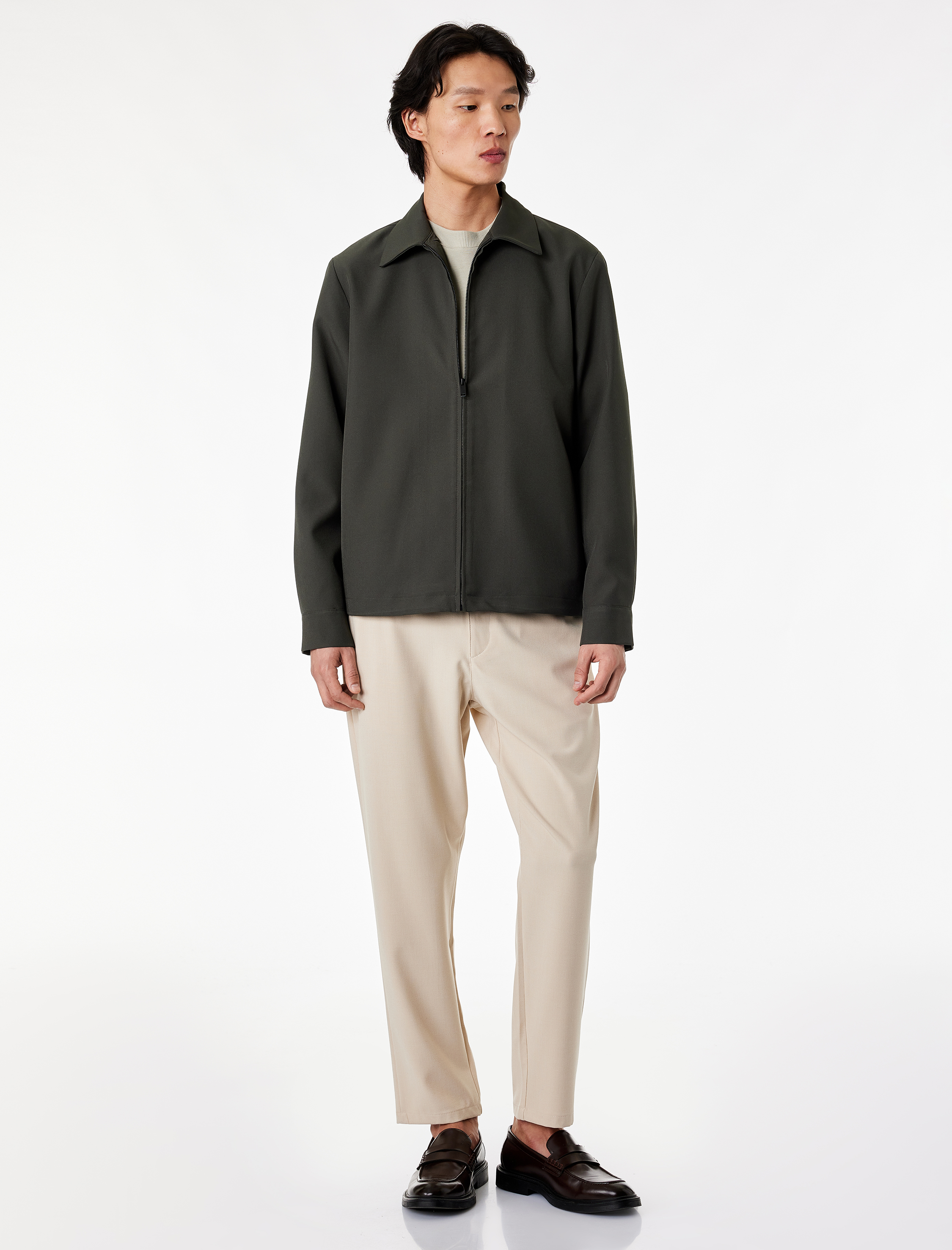   Regular Fit Uzun Kollu Cepli Gömlek Yaka Fermuarlı Spor Ceket