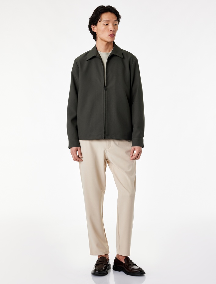  Regular Fit Uzun Kollu Cepli Gömlek Yaka Fermuarlı Spor Ceket