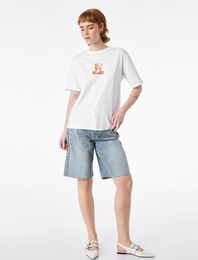 Rahat Kalıp Kısa Kollu Arkası Baskılı Bisiklet Yaka Pamuklu Ayıcıklı Tişört