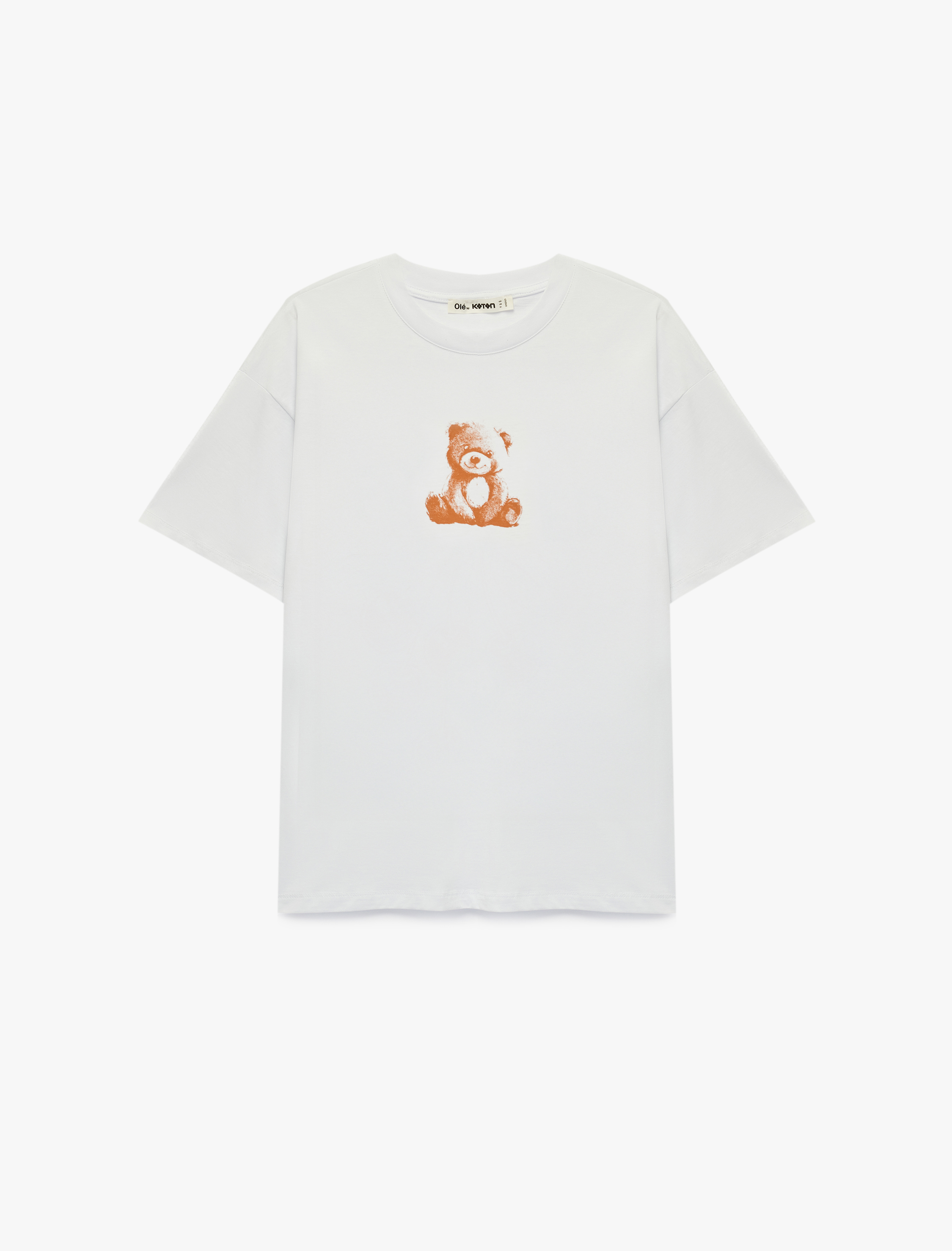   Rahat Kalıp Kısa Kollu Arkası Baskılı Bisiklet Yaka Pamuklu Ayıcıklı Tişört