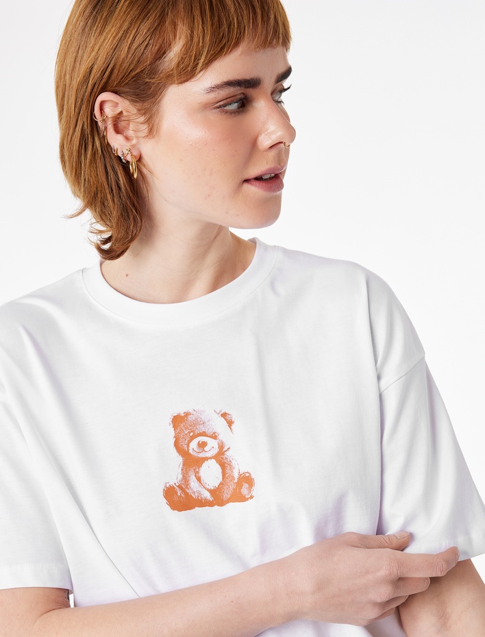  Rahat Kalıp Kısa Kollu Arkası Baskılı Bisiklet Yaka Pamuklu Ayıcıklı Tişört