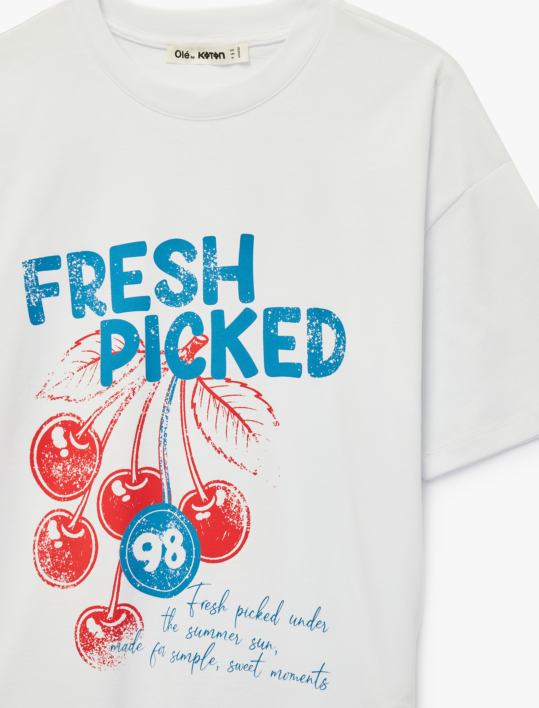   Rahat Kalıp Kısa Kollu Bisiklet Yaka Pamuklu Kiraz Baskılı Tişört